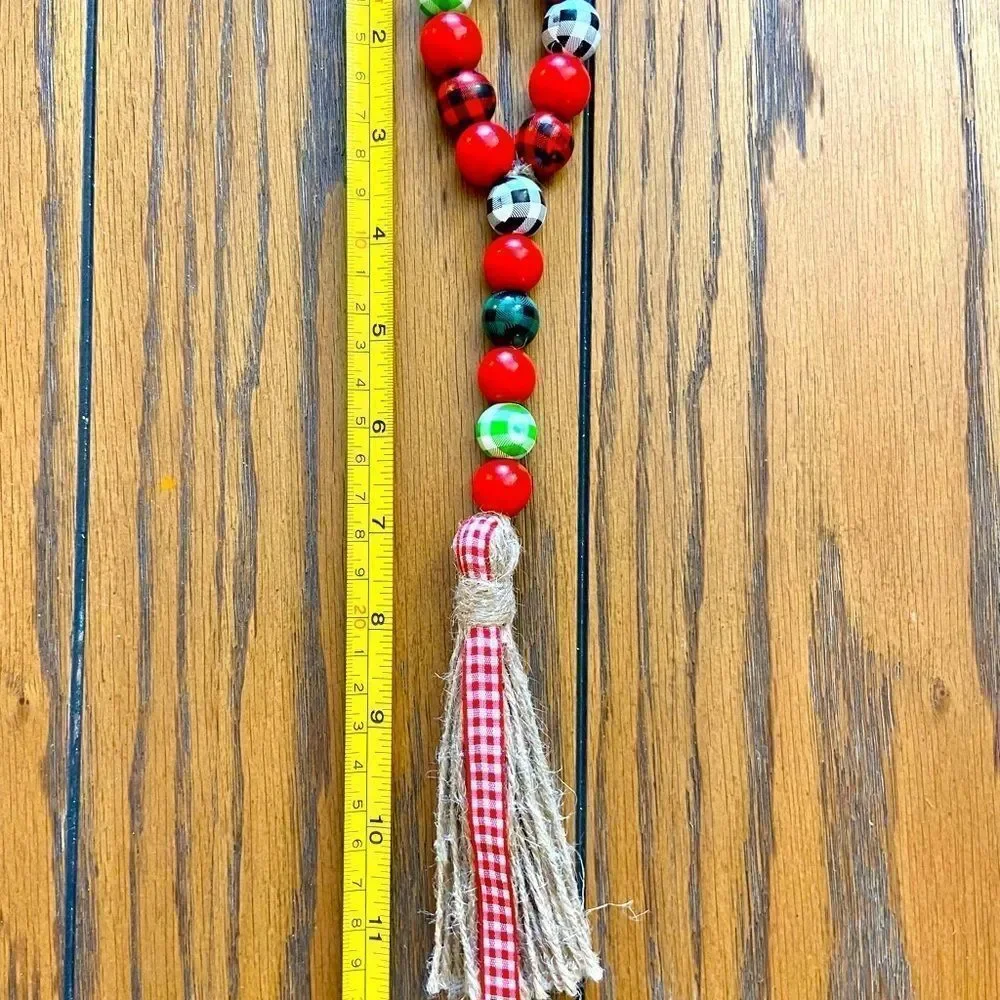 NEW Wood Bead Garland with Plaid Tassels